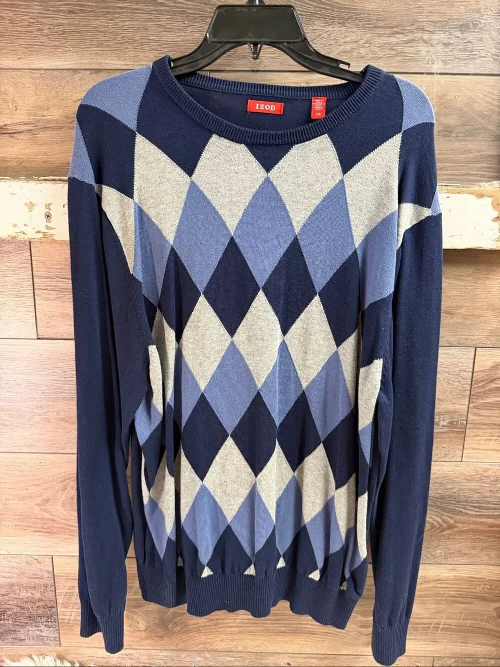IZOD Men’s Large 100% Cotton Argyle Crewneck Knit Sweater Blue Classic Preppy